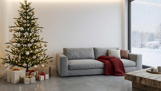 living room with christmas tree, Modern minimalist Christmas room interior