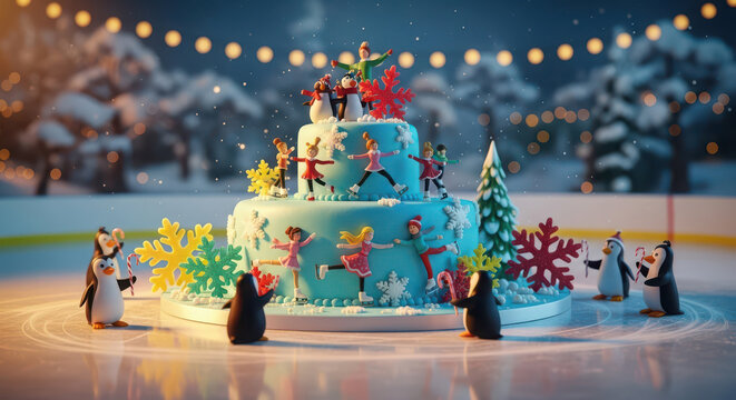 Winter themed ice skating cake, playful penguins and string lights