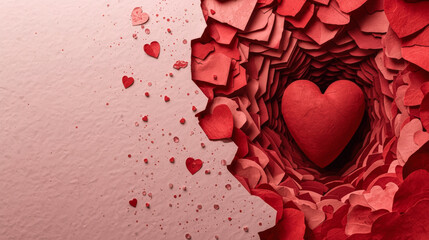 Romantic paper cut illustration of a large red rose with a heart. Valentine's Day or Mother's Day greeting card concept with copy space.