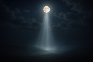 Dramatic full moon shining through clouds with bright light rays at night