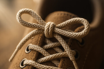 Close-up of a tan suede shoe with tied shoelaces, macro detail, neutral tones