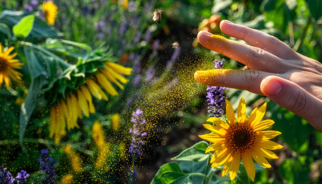 High-resolution image of delicate fingers gathering yellow pollen from sunflowers and lavender, with hovering bees and vibrant garden backdrop under direct sunlight for ecosystem vibrancy.