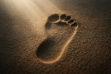Footprint in the sand with sunlight, a symbol of journey and travel