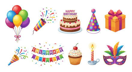 Vibrant collection of cheerful birthday and party celebration elements, including balloons, cakes, gifts, and festive decorations, perfect for event design and invitations
