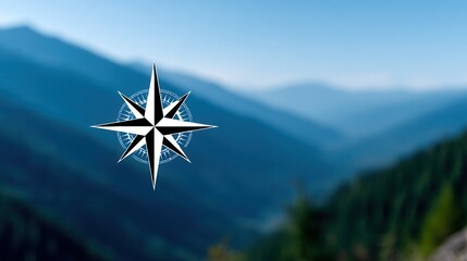 A compass graphic overlays a blurred mountain landscape, symbolizing navigation and adventure in nature. Ideal for travel and exploration themes.