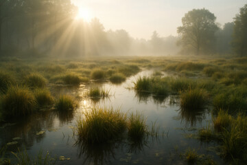 Sunlight streams through the mist over a tranquil wetland landscape at dawn