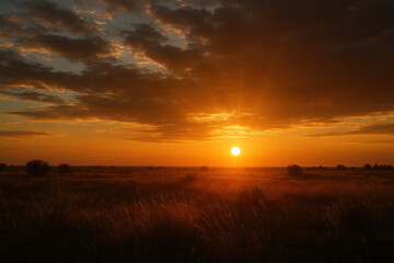 Vibrant sunset over a grassy field with a bright sun and dramatic clouds