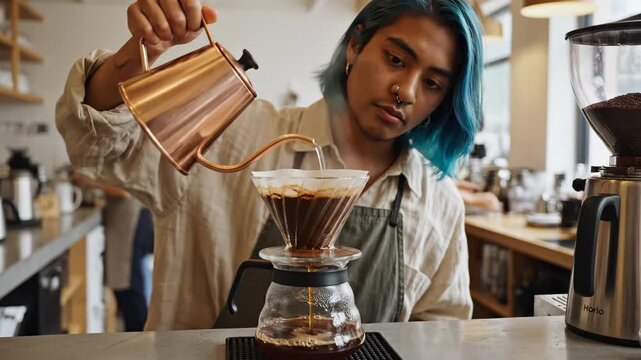 asian barista with blue hair pouring hot water from copper kettle into dripper. person preparing fresh filter coffee in cafe. specialty brewing process. coffee shop menu.