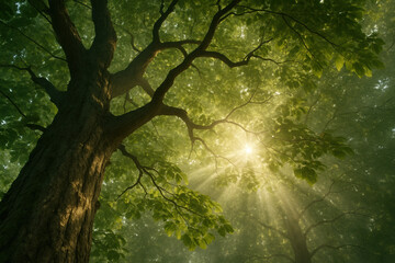 Sunlight streams through the leaves of a tall tree in a forest