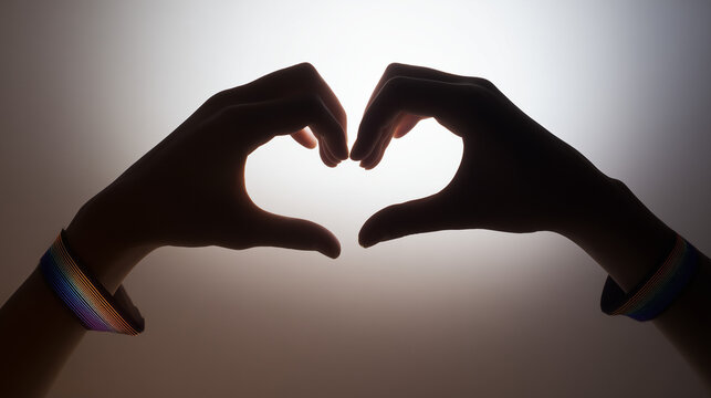 M&atilde;os formando cora&ccedil;&atilde;o com pulseiras coloridas, simbolizando diversidade, uni&atilde;o, respeito, inclus&atilde;o e apoio &agrave; comunidade LGBT em mensagem positiva e representativa de igualdade