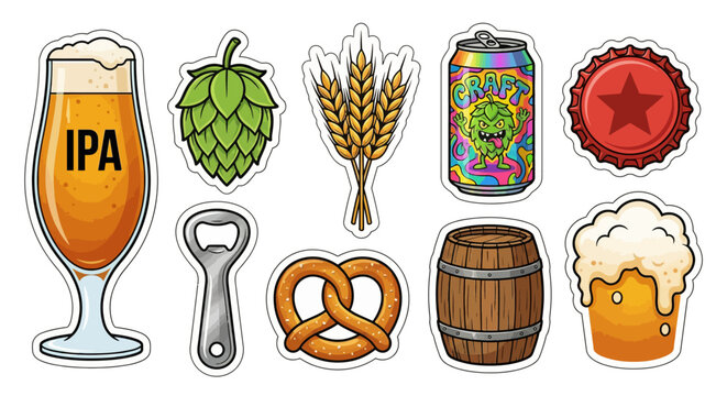 A vibrant collection of cartoon stickers featuring popular beer and brewing elements, ideal for pub designs, craft beverage themes, and celebration graphics