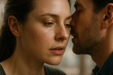 Intimate moment between a couple whispering secrets close together