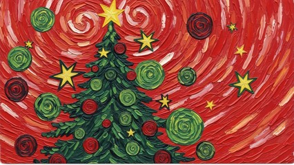 Christmas tree with painterly texture and holiday decorations
