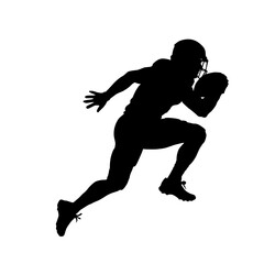 Silhouette of american football player running with ball in hand on white background