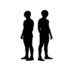 Two silhouetted figures standing back to back on a white background