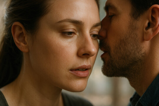 Intimate moment between a couple whispering secrets close together