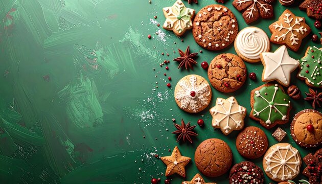 Weihnachtspl&auml;tzchen mit Glasur auf einem gr&uuml;nem Hintergrund mit Platz f&uuml;r eigenen Text