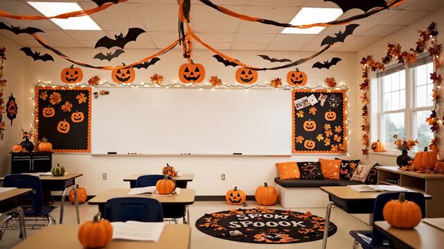 Classroom adorned with pumpkins, bats, and twinkling lights to create a Halloween themed ambiance. A mix of festive and eerie decorations in a learning environment