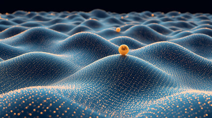 Digital wave pattern with sparkling dots and golden spheres atop