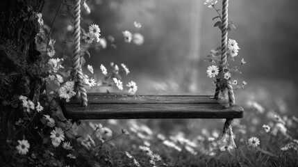 A grayscale image of a swing set in a garden