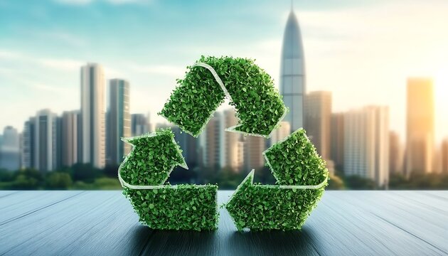 Green recycling symbol made of leaves against cityscape demonstrating sustainability