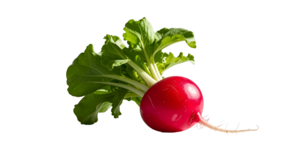 Close-up of a vibrant red root vegetable with green leafy tops against a black background