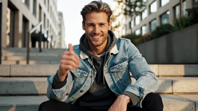 handsome caucasian man sitting on concrete steps in urban city center. stylish guy wearing denim jacket and hoodie smiling at camera. casual fashion and lifestyle concept.