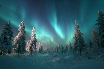 Snowy landscape under vivid aurora borealis over fir Christmas trees and frozen ground winter holiday night nature spectacle winter landscape with trees
