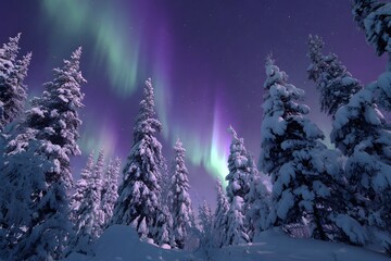 Dramatic winter night sky lit by vibrant aurora borealis swirling above snow‑covered fir trees in festive snowy Christmas landscape winter landscape with snow