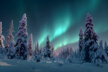 Snowy countryside under shimmering green and purple aurora borealis above snow covered hills and trees serene winter holiday nightscape winter sunset in the mountains