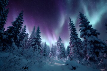 Ethereal aurora lights illuminating snowy Christmas season landscape with frozen ground and silent forest under glittering night sky winter landscape with snow