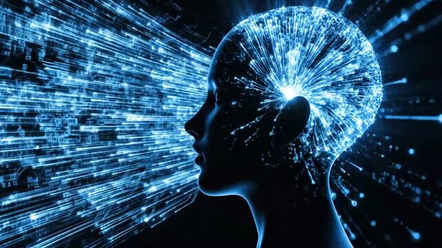 Profile of a Human Head Emitting Bright Blue Digital Light Streaks Representing Brain Activity woman.