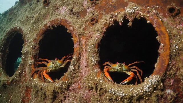 Video Two crabs sitting together in a small hole, possibly a burrow or a crevice