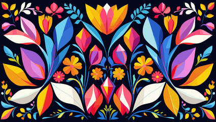 Vibrant floral pattern with colorful flowers and leaves on a dark background