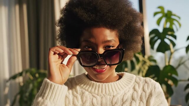 stylish african american woman with afro hair wearing sunglasses and white cable knit sweater. portrait in sunny room with monstera plants. autumn fashion and lifestyle.