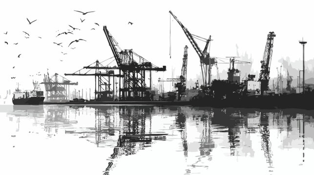 Striking black and white silhouette of a bustling commercial seaport with towering cranes, cargo ships, and water reflections.