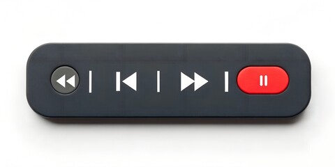 Black remote control with playback buttons on white background