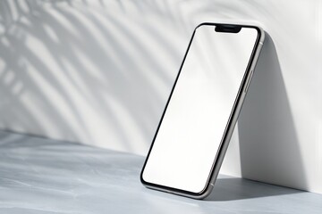 Smartphone mockup leaning against wall with palm leaf shadows and white screen