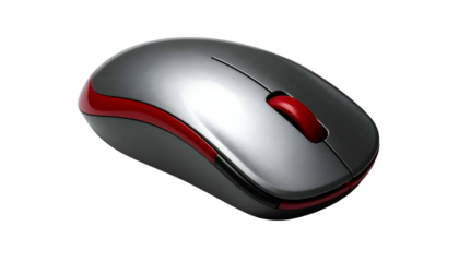 Modern wireless computer mouse with a metallic gray finish and contrasting red accents on a black background