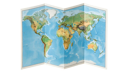 Folded world map with topographic features, showing continents, oceans, and geographical details