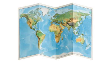 Folded world map with topographic features, showing continents, oceans, and geographical details