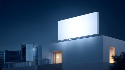 Illuminated blank billboard display sits atop a modern structure against a dark evening sky