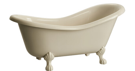 Cream colored clawfoot bathtub with shell shaped feet isolated on a transparent background