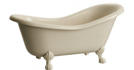 Cream colored clawfoot bathtub with shell shaped feet isolated on a transparent background