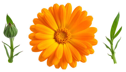 Vivid orange calendula flower and buds with green leaves, set against a transparent black background