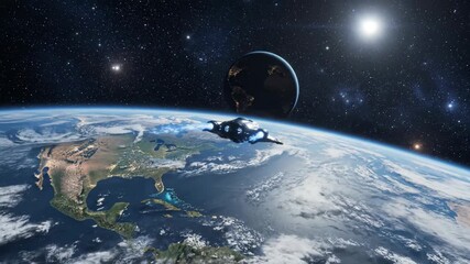 futuristic spaceship flying in orbit above planet earth. science fiction spacecraft exploration in deep cosmos. universe background with stars and sun. sci-fi game - Powered by Adobe