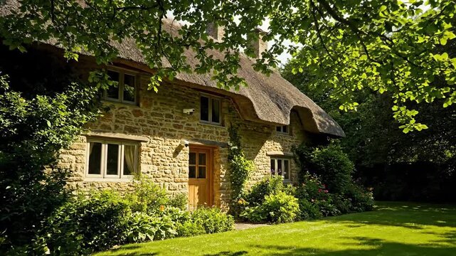 Charming stone cottage with thatched roof surrounded by greenery
