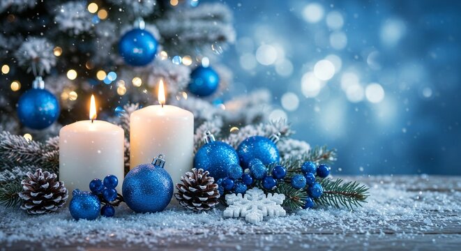 Two burning white candles with blue christmas ornaments, pinecone, and snowflake decoration on snowy wood - Powered by Adobe