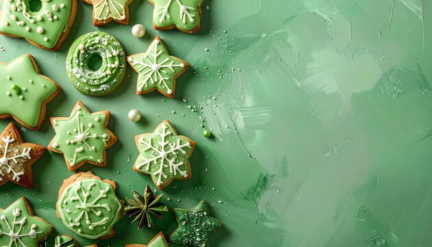 Weihnachtspl&auml;tzchen mit hellgr&uuml;ner Glasur auf einem gr&uuml;nem Hintergrund mit Platz f&uuml;r eigenen Text