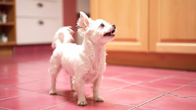 Adorable purebred white chihuahua happily barking and wagging its tail, standing on a pink tiled kitchen floor. A charming domestic companion in the scene